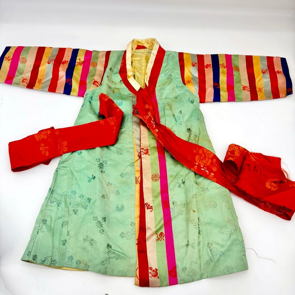 Antique Korean Hanbok Jeogori Saekdong Silk Brocade Jacket Girls Green Multi